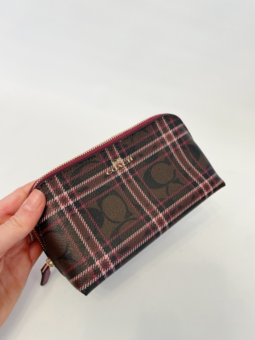 Coach Plaid Signature Cosmetic Bag Makeup Case Brown Pink NWOT - Picture 3 of 9